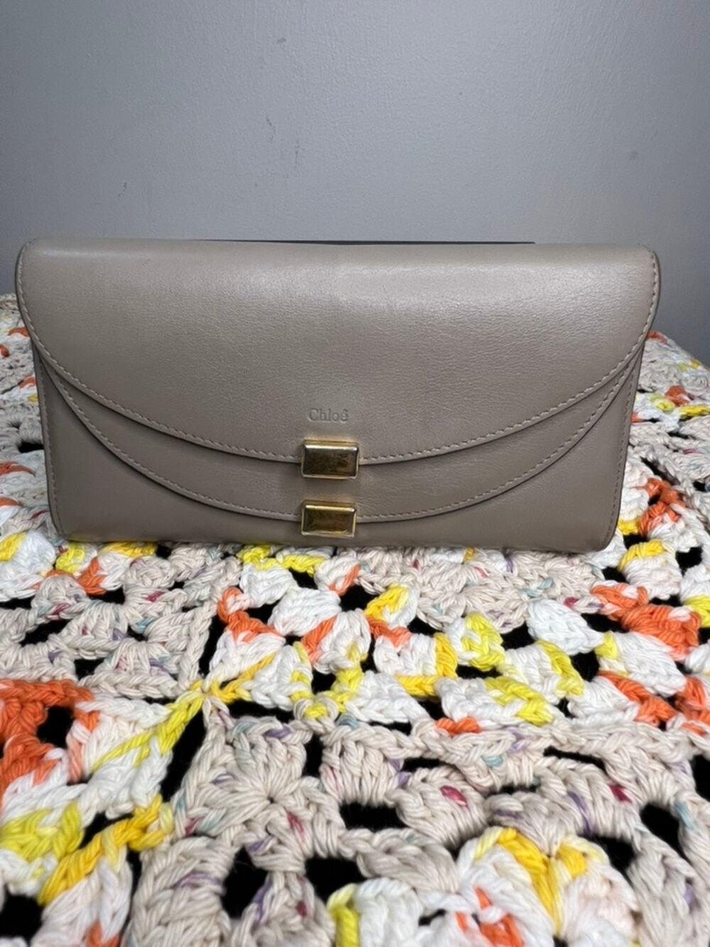 Chloe Georgia Long Leather Wallet Cashmere Gray Gold Hardware Authentic